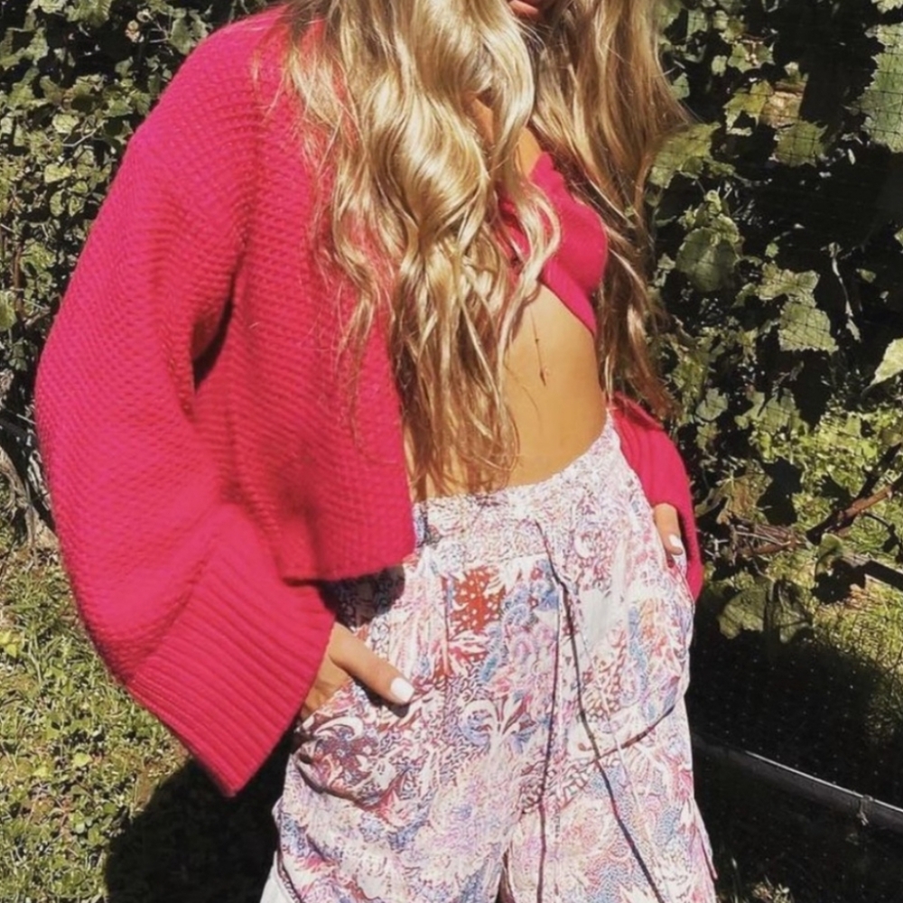 AMUR Alessia Boxy Relaxed Cropped Cardigan in Ruby Pink